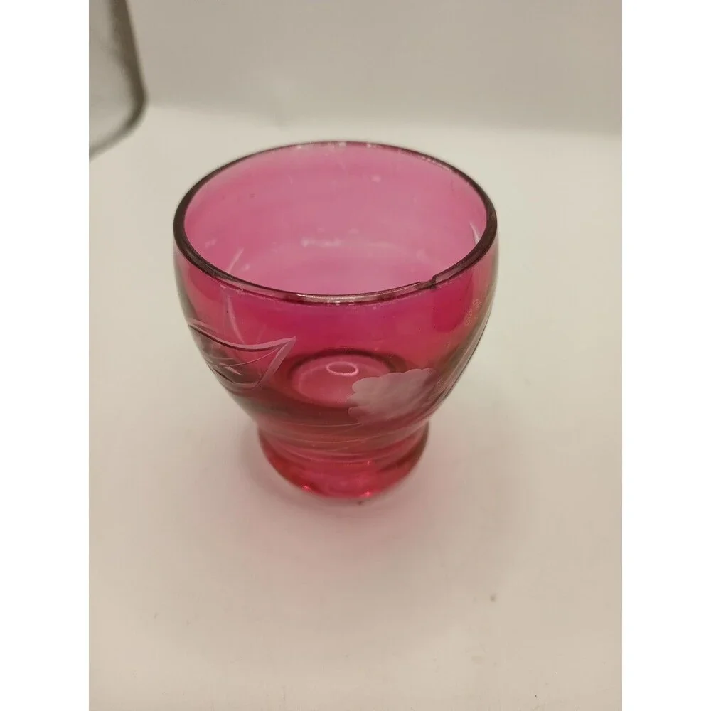 MCM Vintage Etched Cranberry Glass DECANTER With 5 Cordial Shot Glasses Red